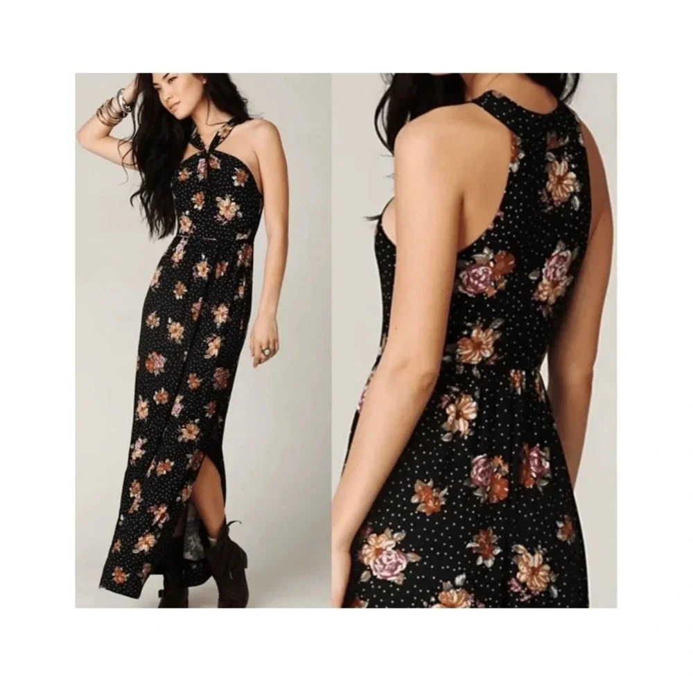 Free People Vintage Boho Black Floral Jersey Dress Slit Size L Large Maxi Halter